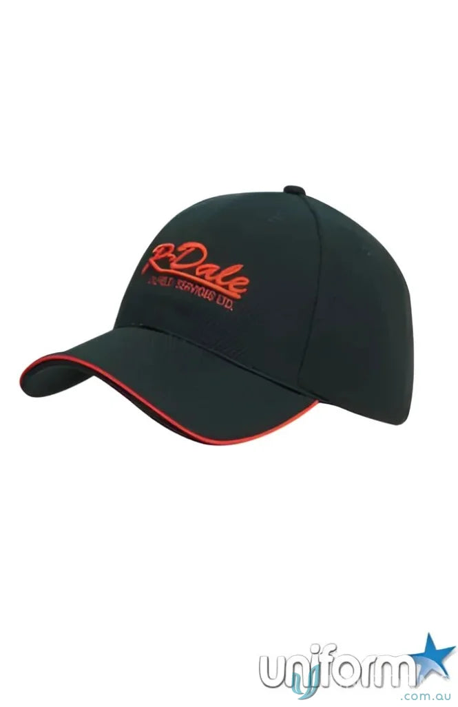 Black baseball cap with red trim and embroidered logo, perfect for uniforms or workwear
