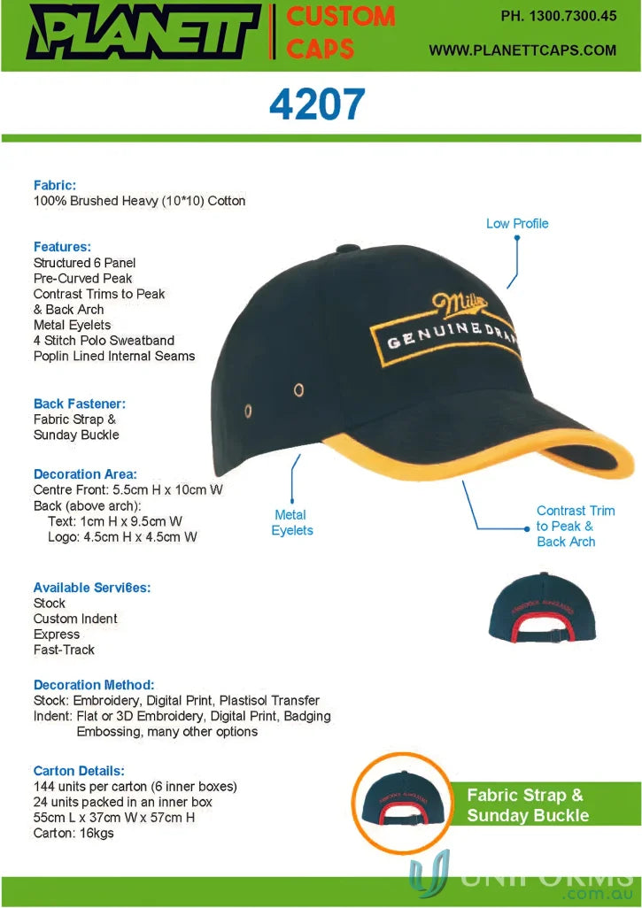 Black and yellow baseball cap with Genuine Draft logo, brushed heavy cotton, reflective trim