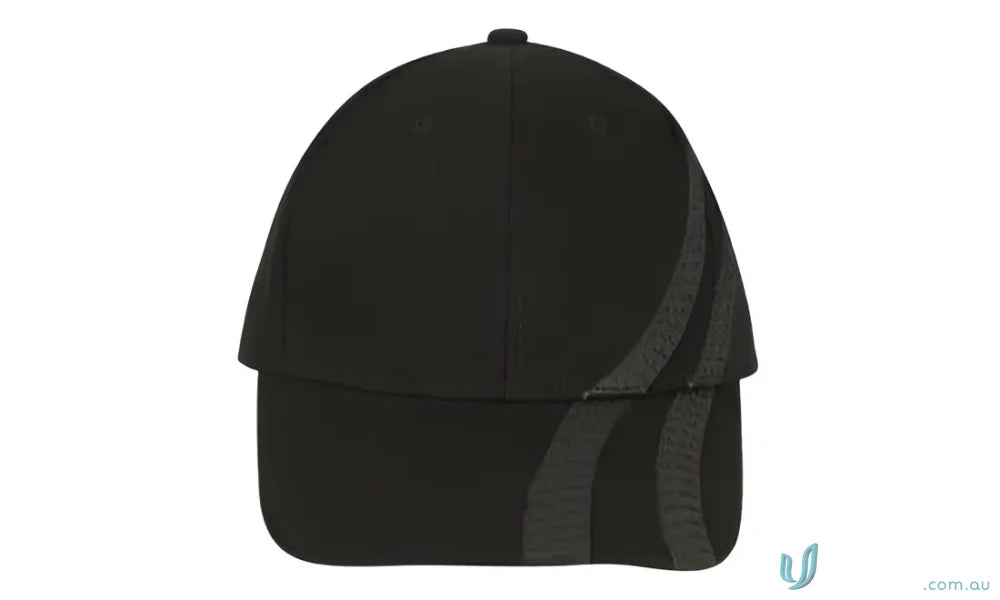 Black baseball cap with gray stripes from Wide Stock Brushed Heavy Cotton Tyre Tracks