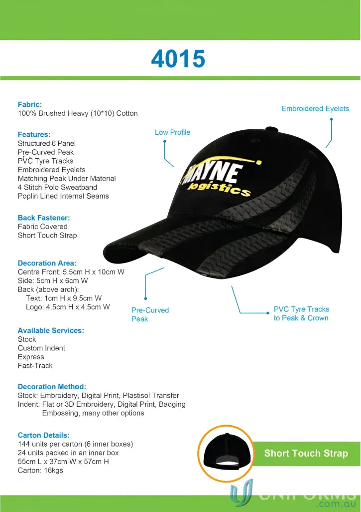 Black baseball cap with tire track design from Wide Stock, perfect for imprint days and centimeter range