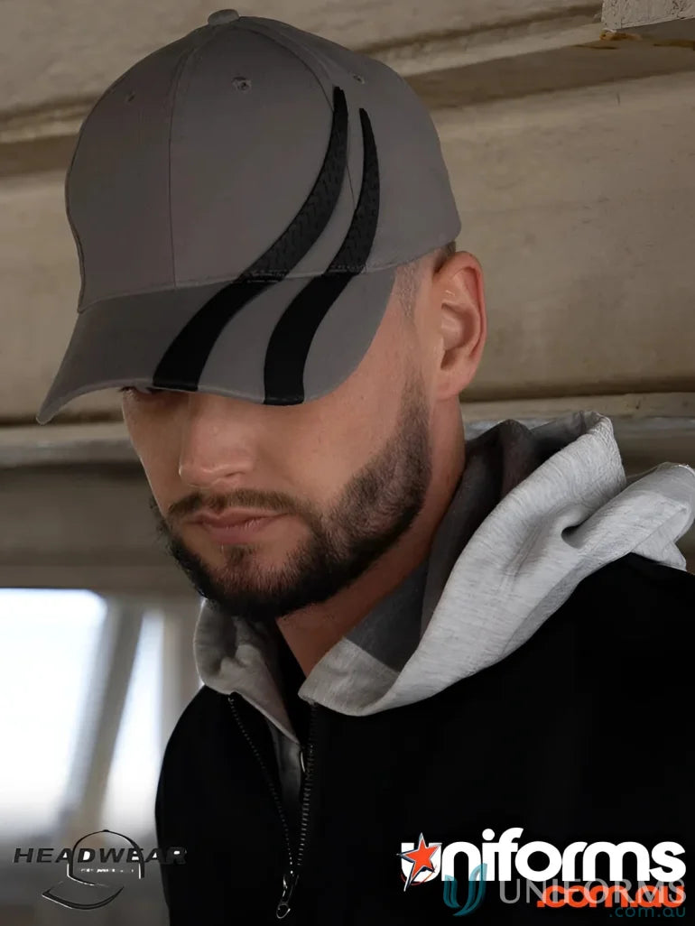 Gray baseball cap with black stripes from Wide Stock collection, perfect for imprint days