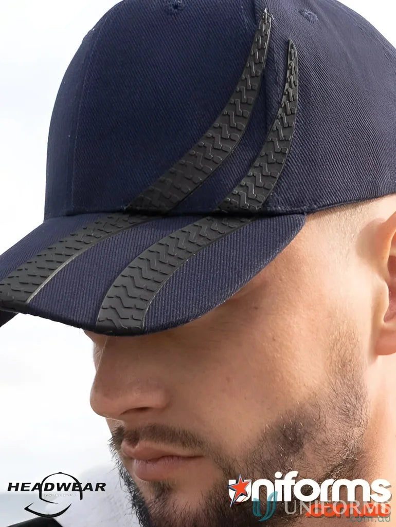 Navy baseball cap with tire tread accents from Wide Stock, great for imprint days