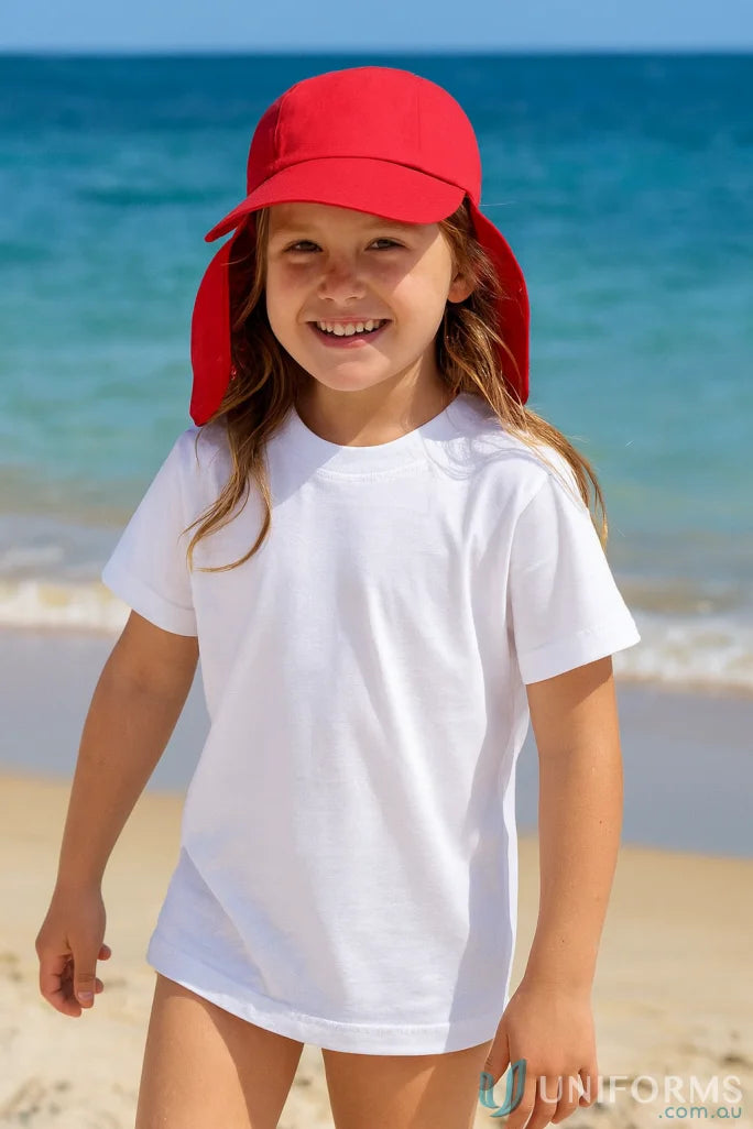 Cute girl in brushed sports twill infants legionnaire hat with red sun hat and neck flap