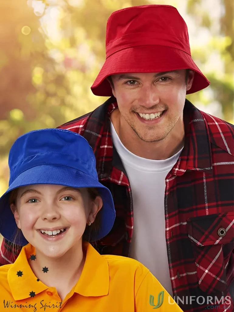 Smiling people wearing Winning Spirit Bucket Hats with sun protection soft brim