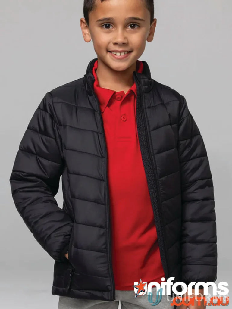 Black quilted puffer jacket from BULLER KIDS JACKETS, perfect for school uniforms or workwear
