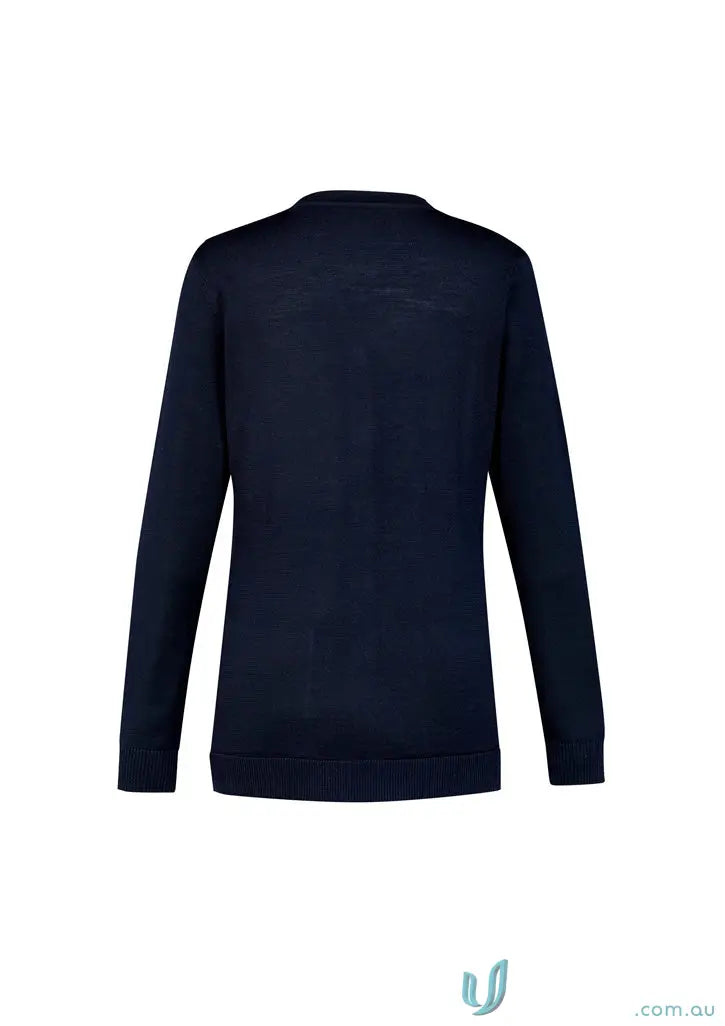 Dark blue merino wool knit Button Front Knit Cardigan with crew neck and ribbed cuffs