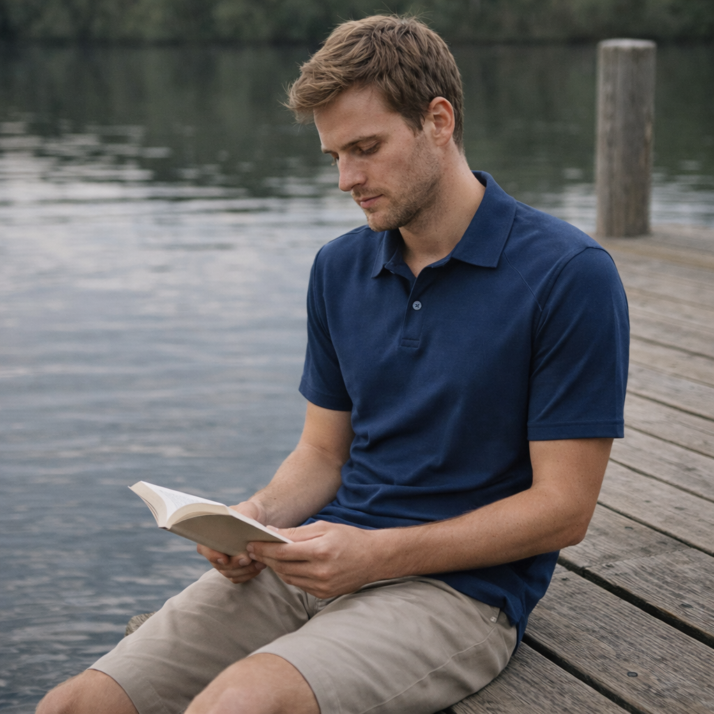 Navy blue short-sleeved mens Byron Polo from Biz Collection, tailored fit