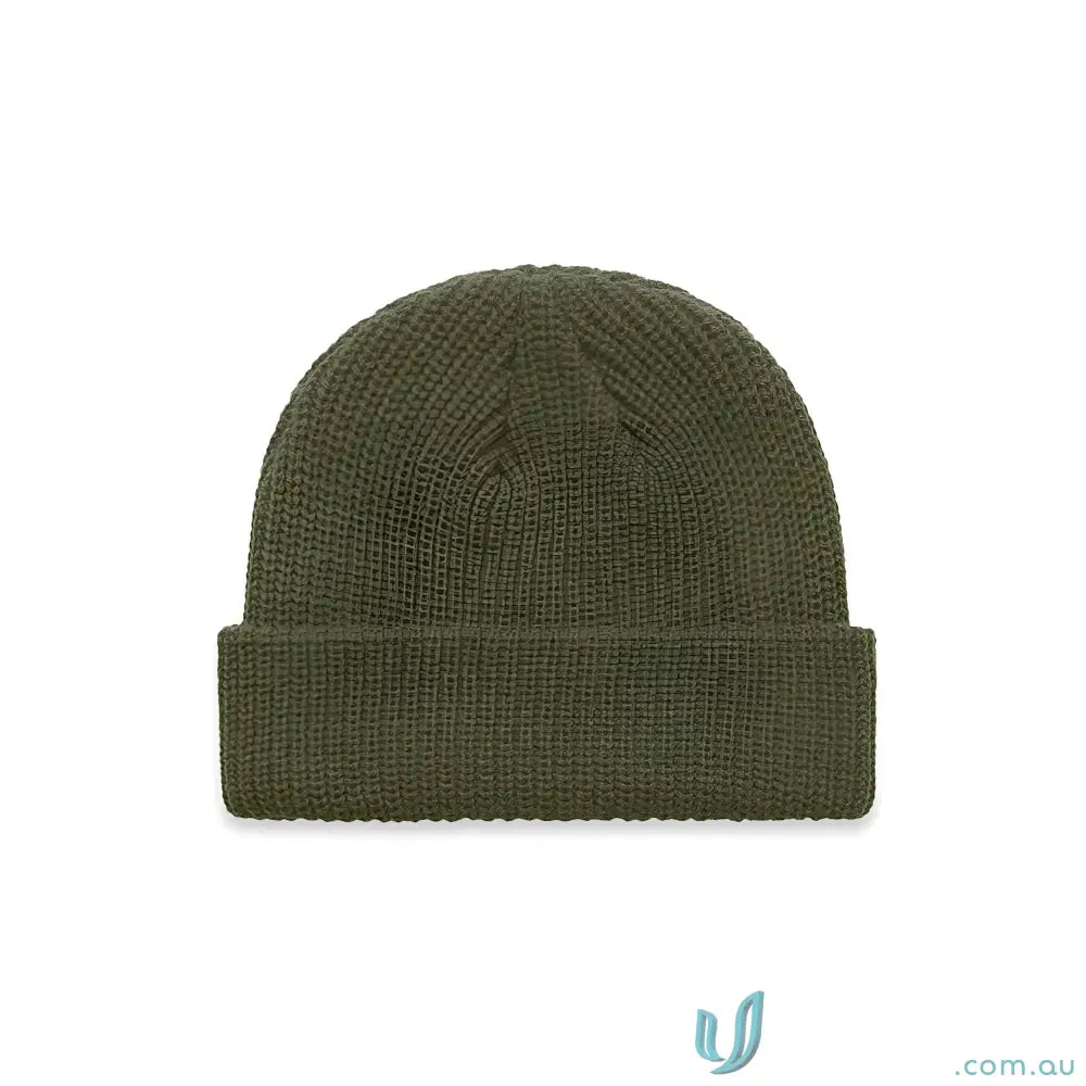 Solid olive green ribbed knit beanie in fisherman style, perfect size fits and colour label