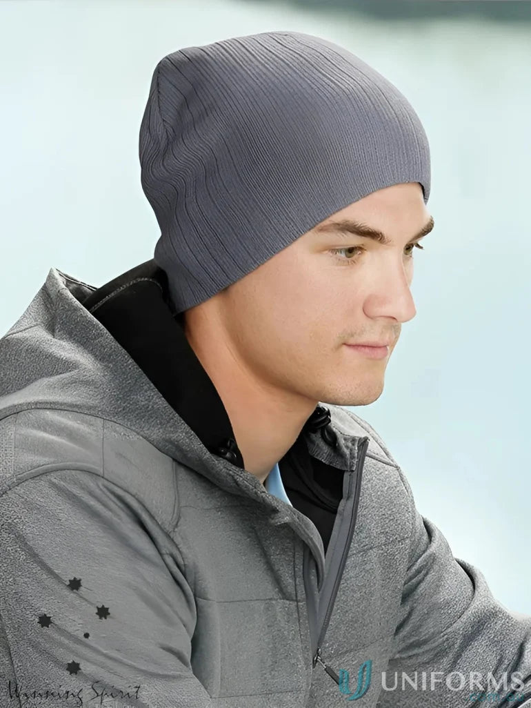 Gray ribbed cable knit beanie from Winning Spirit Cable to stay warm and stylish