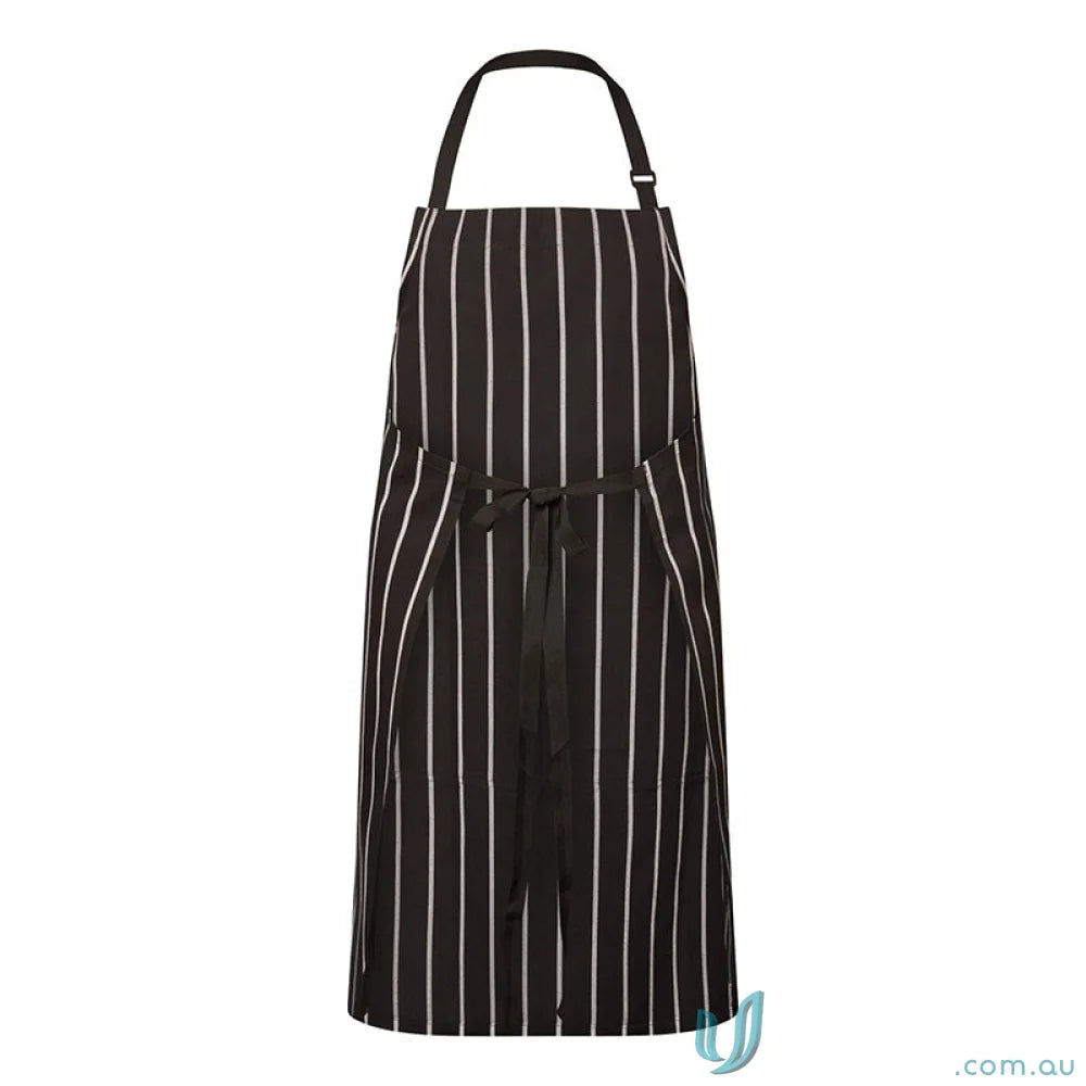 Black and white striped bib apron with waist ties, perfect workwear for cafes and kitchens