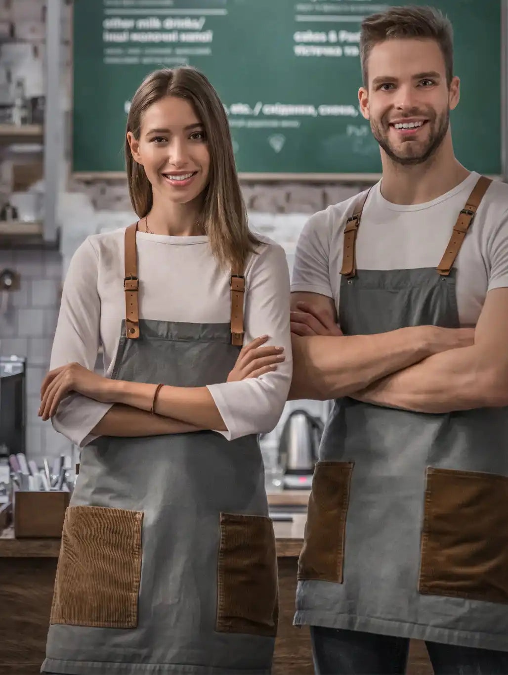 Smiling cafe workers in aprons.