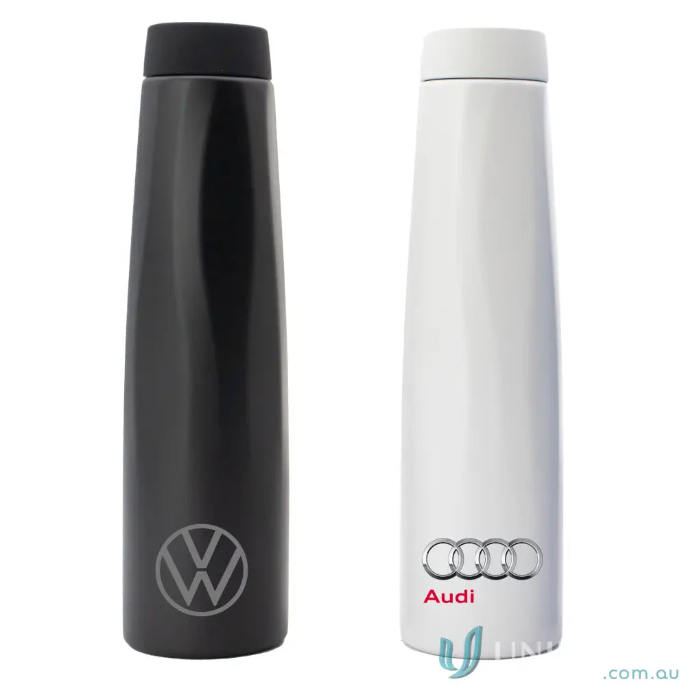 Two Calypso 750ml stainless steel double-walled vacuum water bottles with ergonomic rotating handles