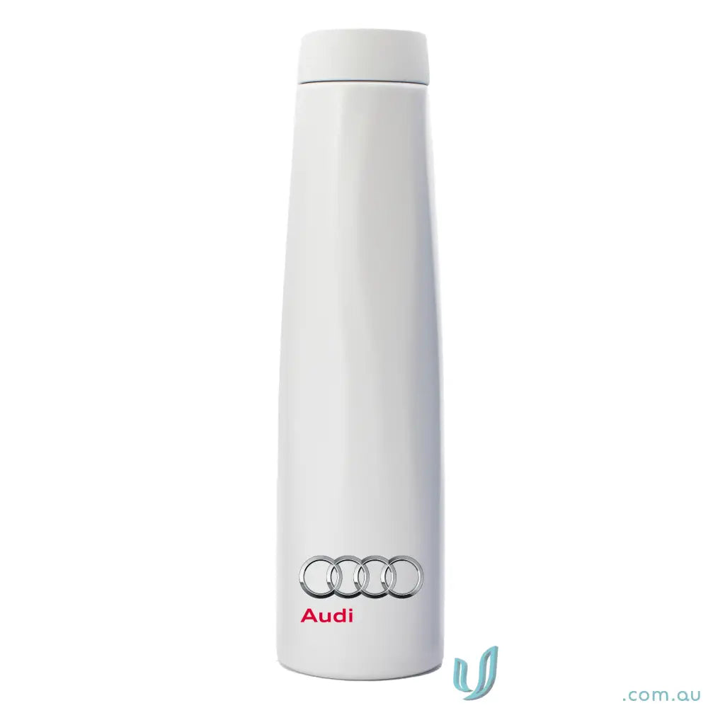 White Audi water bottle from Calypso 750ml stainless steel double walled vacuum insulator