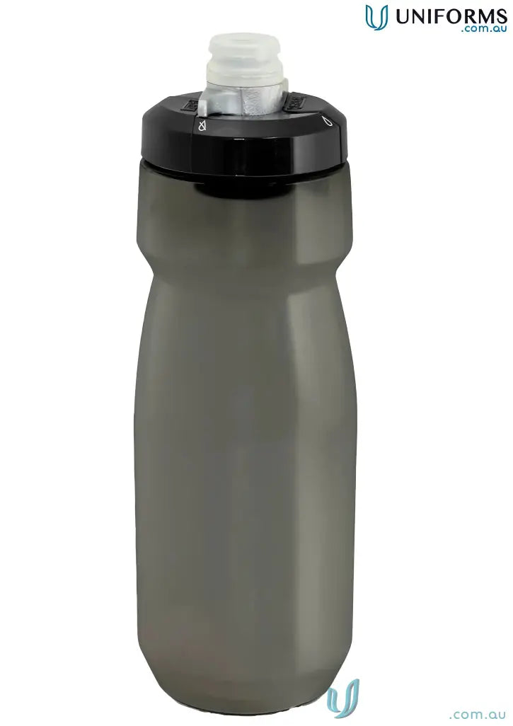 Gray CamelBak Podium bike bottle with black cap for uniforms or cycling gear