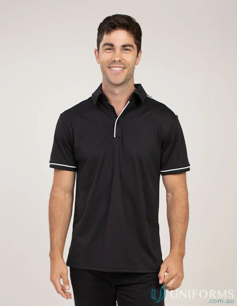 Black Campbell Polo with white trim made from meet global recycled fibres, cooldry moisture management