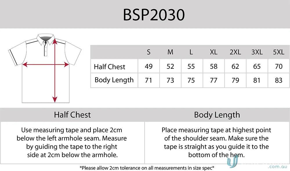 Clothing size chart for Campbell Polo made with recycled fibres and CoolDry tech