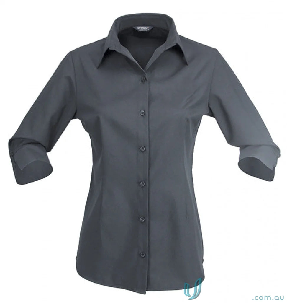 Gray ladies button-down workwear shirt with 3/4 sleeves from Candidate Ladies line