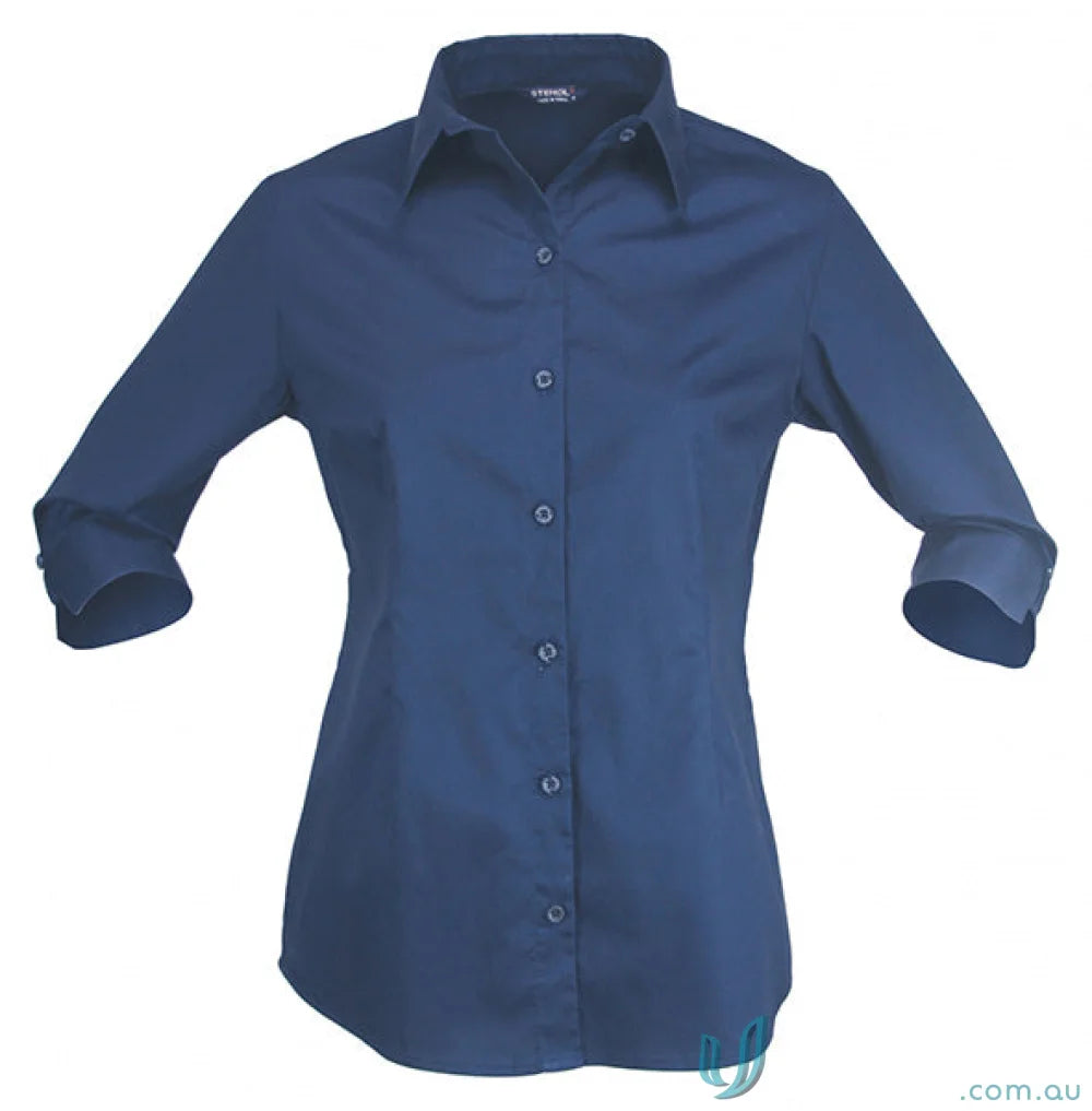 Navy blue ladies 3/4 sleeve shirt perfect for workwear or uniforms