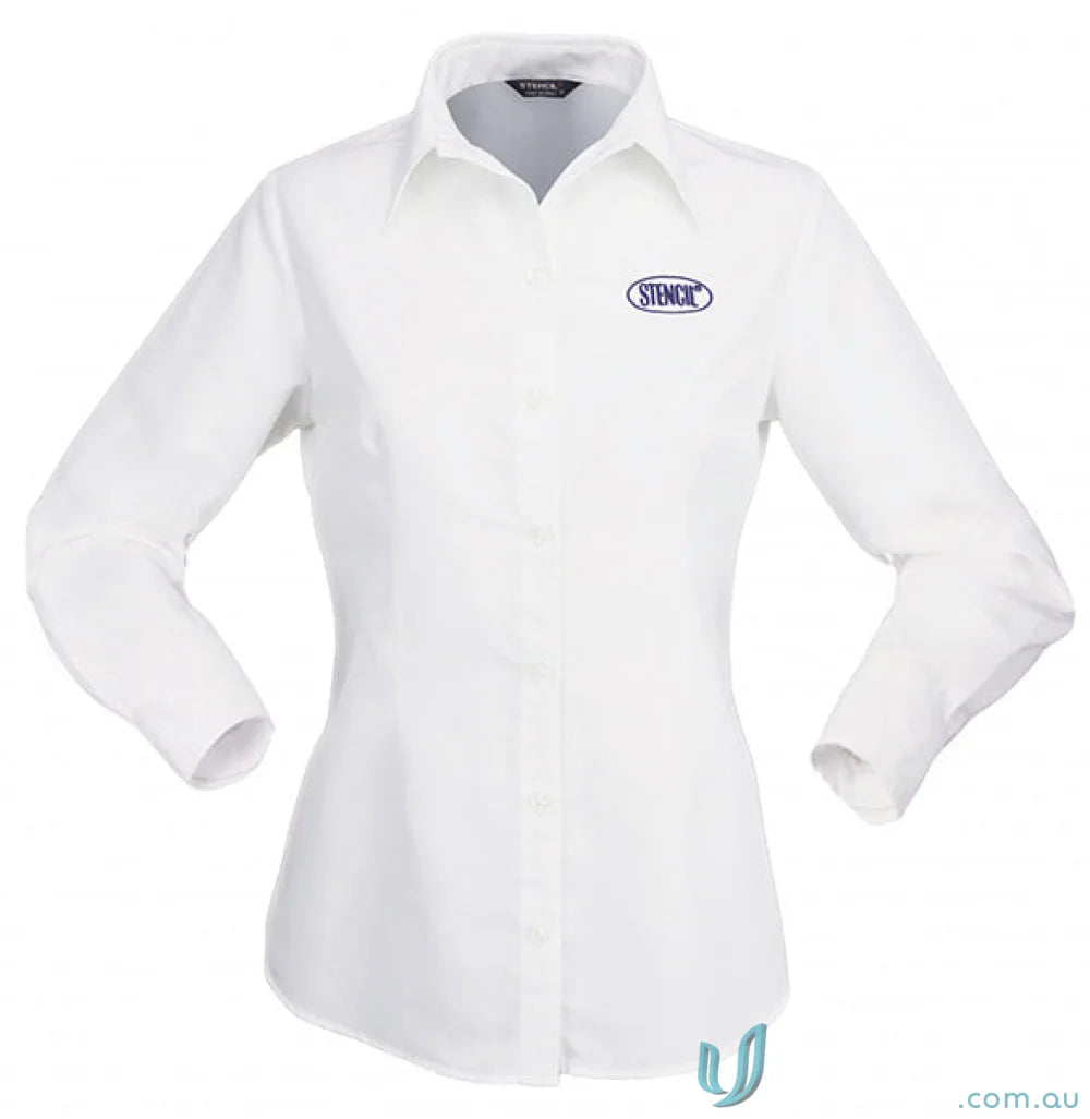 Candidate Ladies long-sleeve shirts in white with blue logo for workwear and uniforms