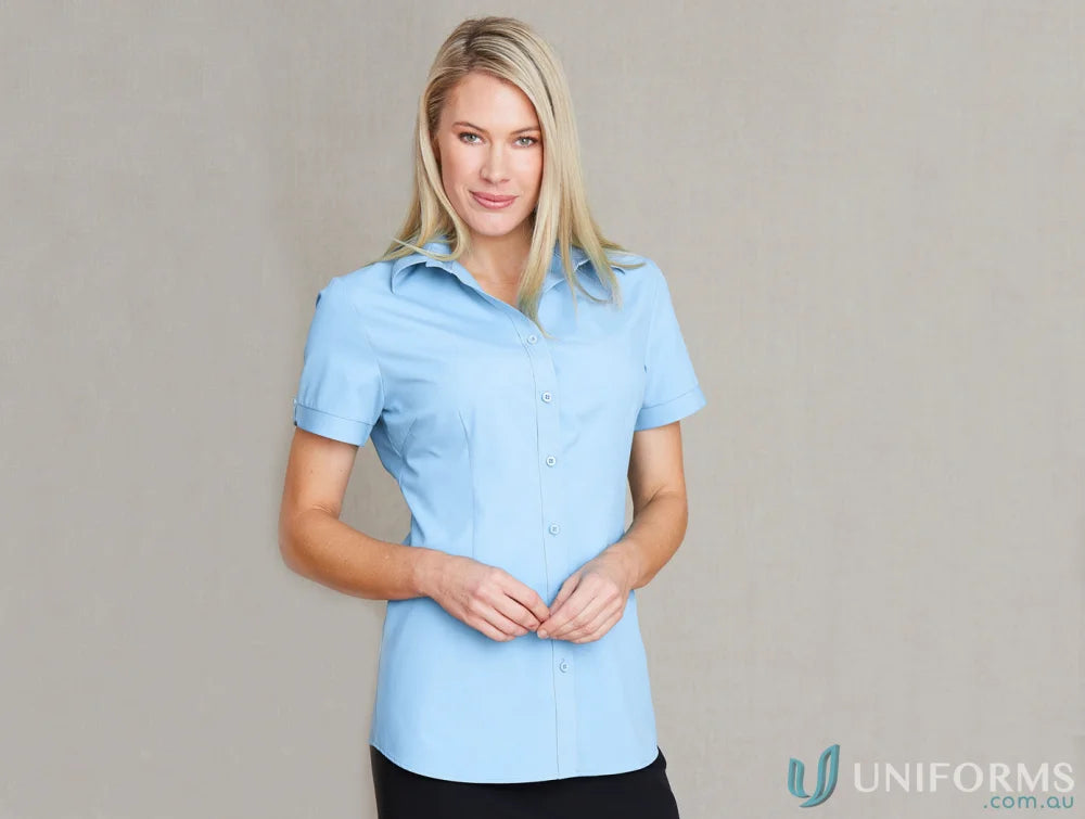 Light blue ladies short-sleeved button-down shirt perfect for uniforms and workwear