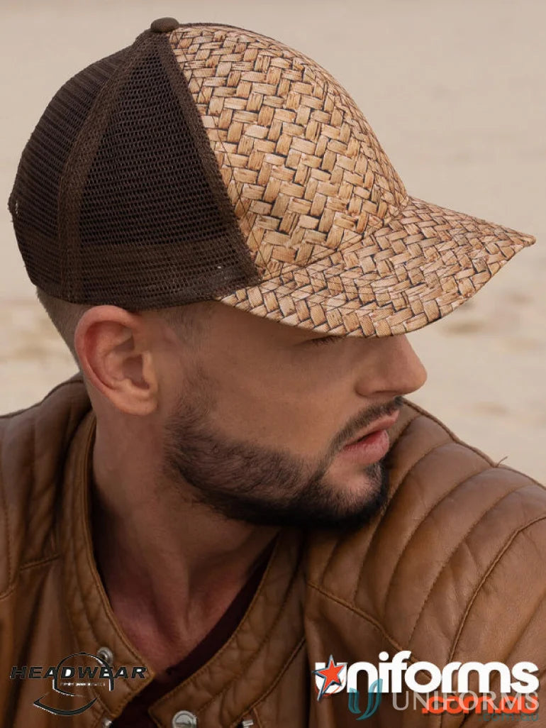 Woven straw baseball cap from Cane Print workwear collection, ideal for uniforms and casual wear