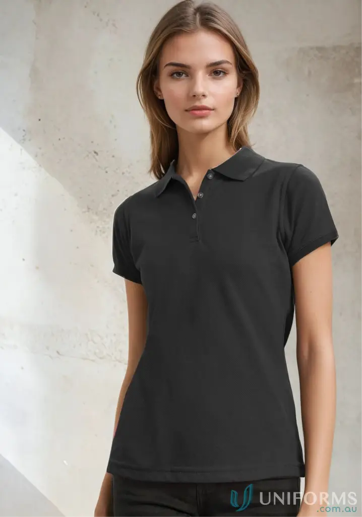 Woman in dark gray short sleeve polo from Biz Collection Women’s Cann Compounding (EMB) Ladies SS Polo