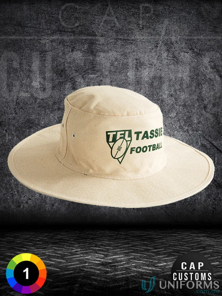 Beige Canvas Hat with Green Logo, perfect for uniforms and casual workwear—FAQ link included