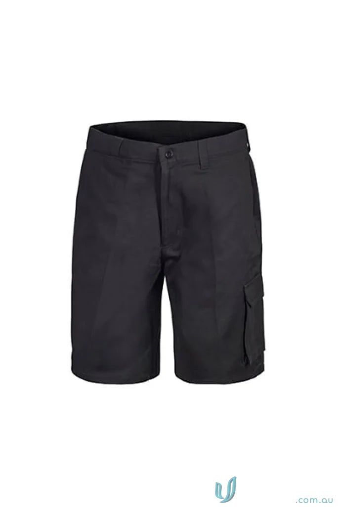 Black cargo cotton drill shorts with reinforced stress points for durable casual wear