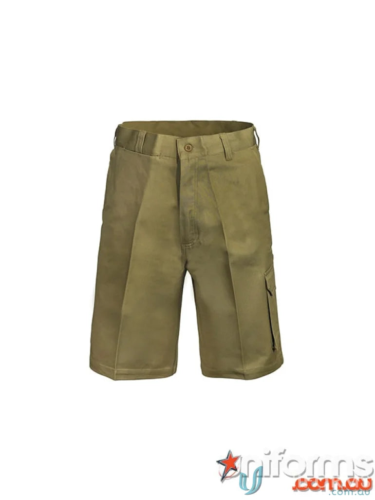 Khaki cargo cotton drill shorts with reinforced stress points for durable wear