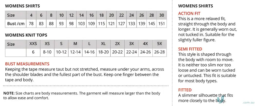 Clothing size charts and fit tips for Cascade Top knit and woven uniforms quick guide