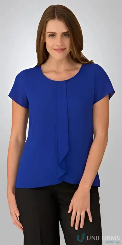 Blue short-sleeved woven blouse from Cascade Top, perfect for uniforms and casual wear