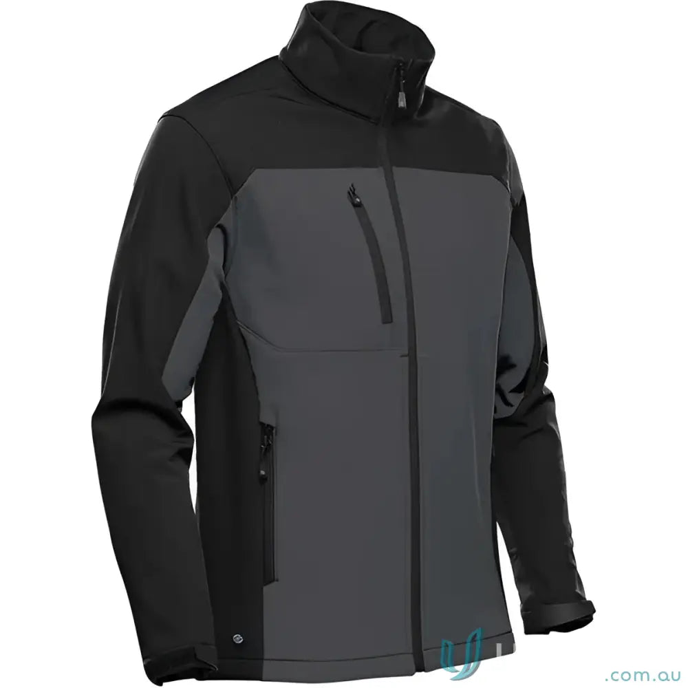 Cascades Softshell jacket in black and grey with high collar and zip pockets for workwear