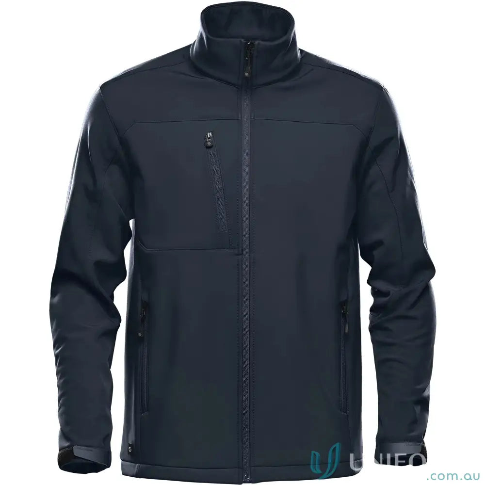 Men’s dark blue Cascades Softshell jacket with zippered pockets, perfect for workwear or uniforms