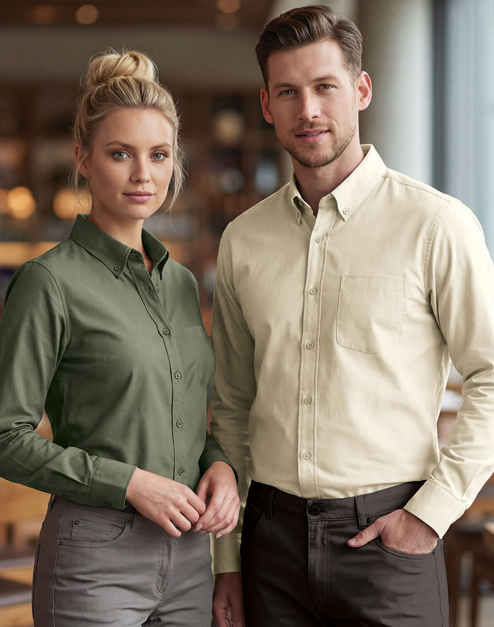 Olive green m7009l casual cotton blend shirt for corporate casual professional appearance