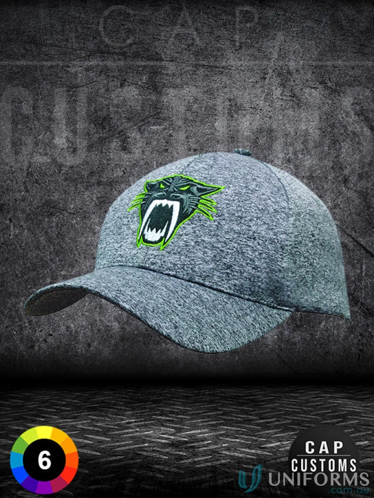 Heather gray Cationic Sports Jersey Cap with roaring panther logo for uniforms or workwear