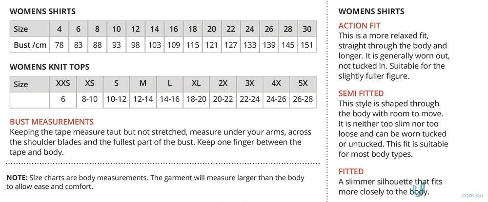 Clothing size charts and fit info for CC LS Stripe Shirt from City Collection Range with button adjustable cuff long sleeve