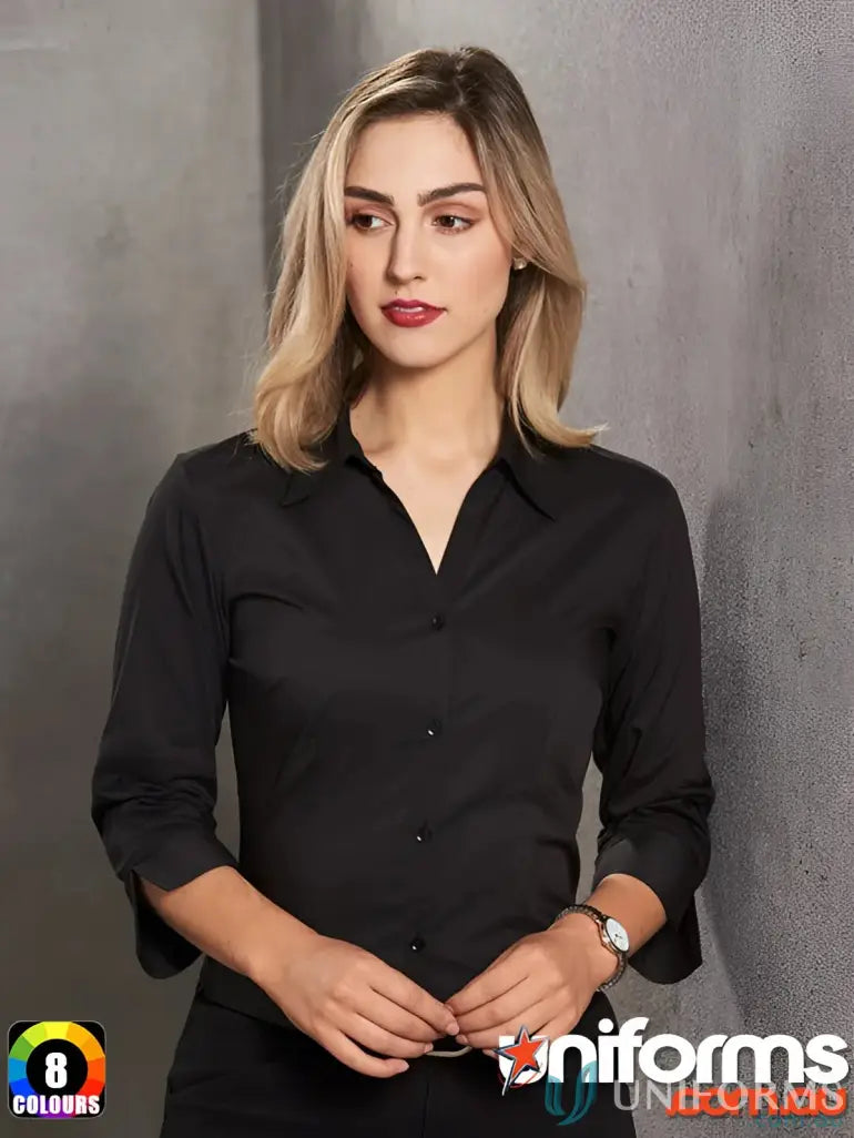 Woman wearing black ladies 3q shirt from CGS EMB Ladies collection at CGS EMB