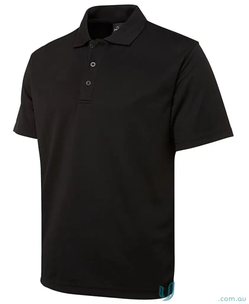 Black short-sleeved polo shirt from CGS EMB Unisex Poly Polo with quick drying and UPF protection