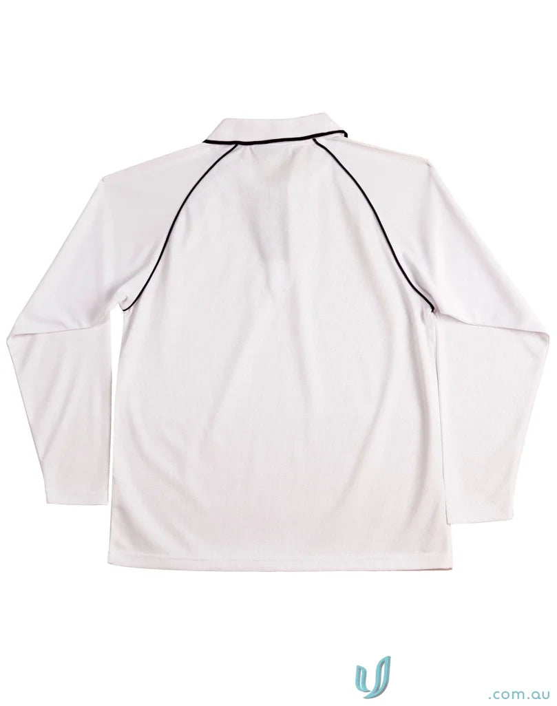White long-sleeved Winning Spirit Raglan polo with black trim, cooldry champion long style
