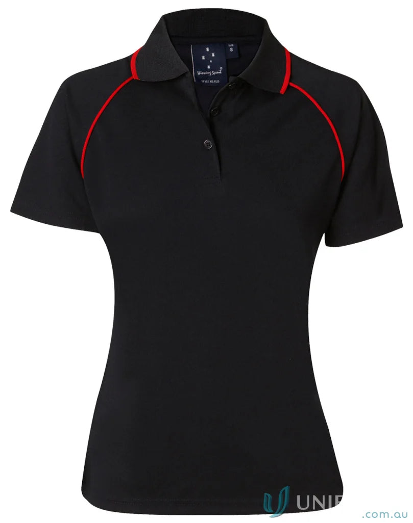 Black Champion CoolDry Raglan Polo with Red Trim showing a winning spirit champion polo