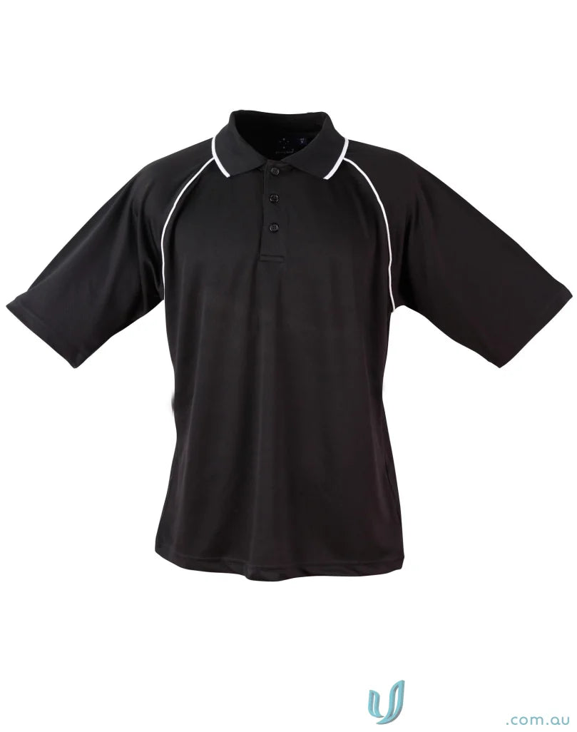 Black Champion Raglan Polo with white trim, perfect for winning spirit champion polo fans