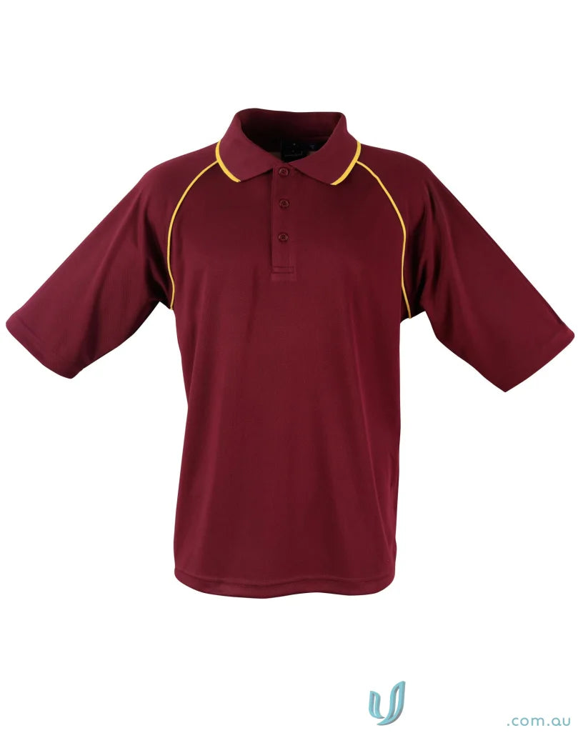 Maroon champion cooldry raglan polo with gold trim, perfect for winning spirit