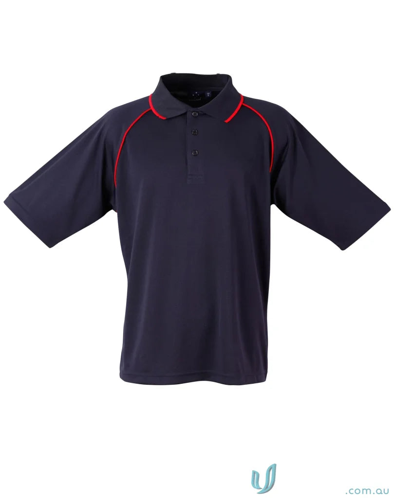 Navy polo shirt with red trim from Champion CoolDry Raglan collection showing sporty style
