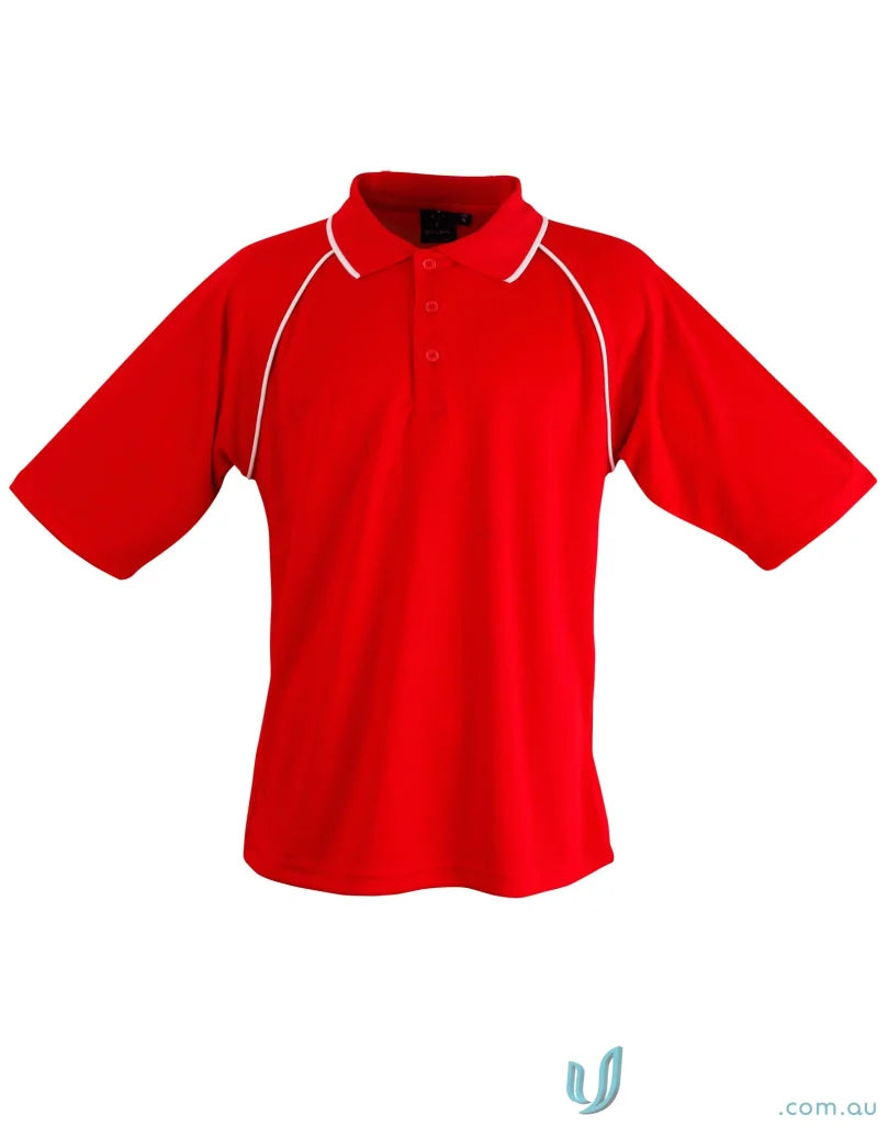 Red champion cooldry raglan polo shirt with white trim, perfect for winning spirit champion polo