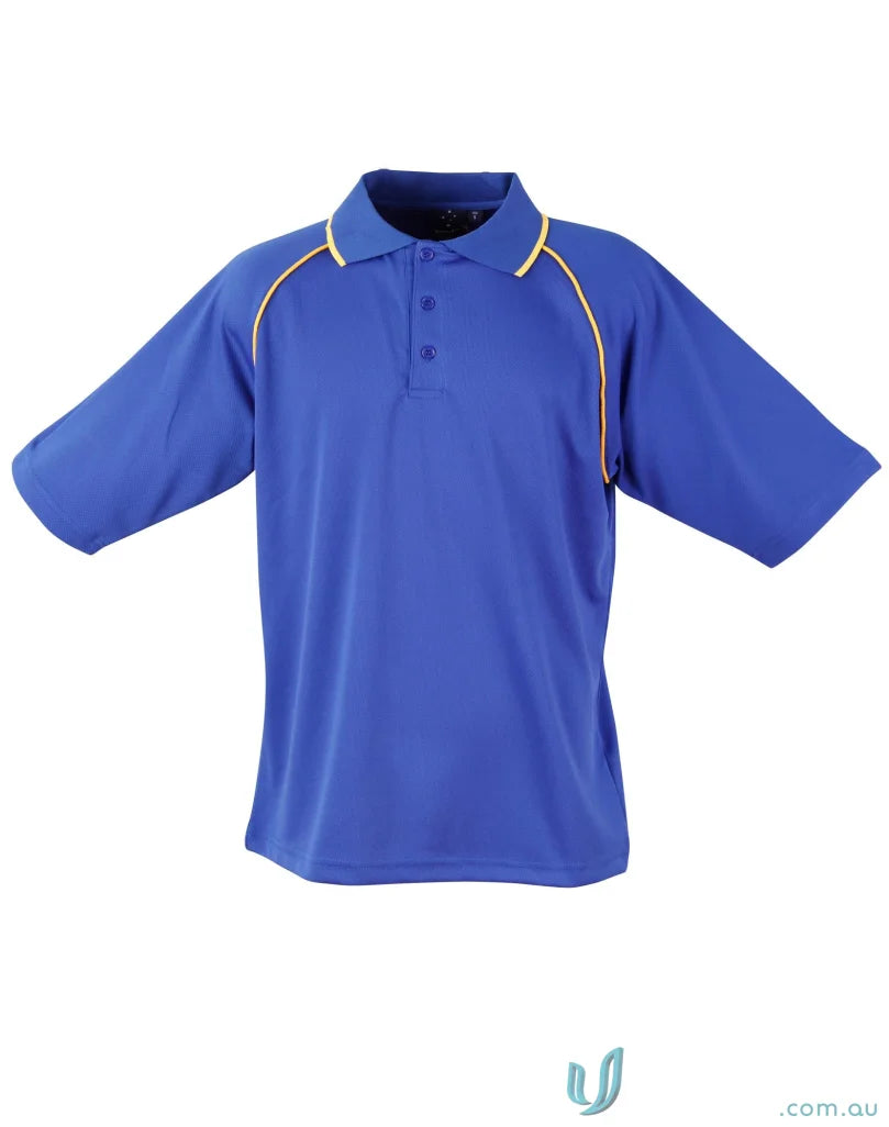 Blue champion cooldry raglan polo shirt with gold trim for a winning spirit look