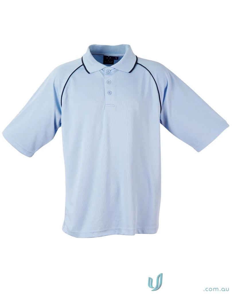 Light blue Champion Raglan Polo with dark trim embodies champion cooldry raglan style
