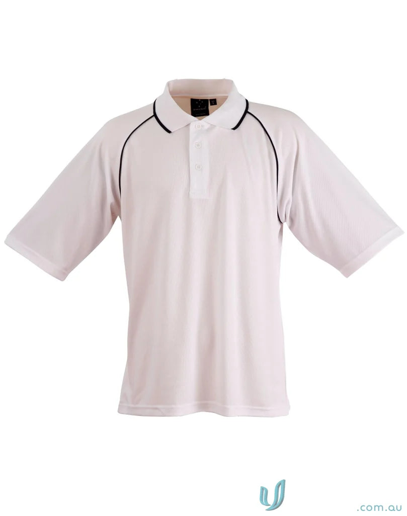 White Champion Raglan Polo with black trim showcasing champion cooldry raglan style