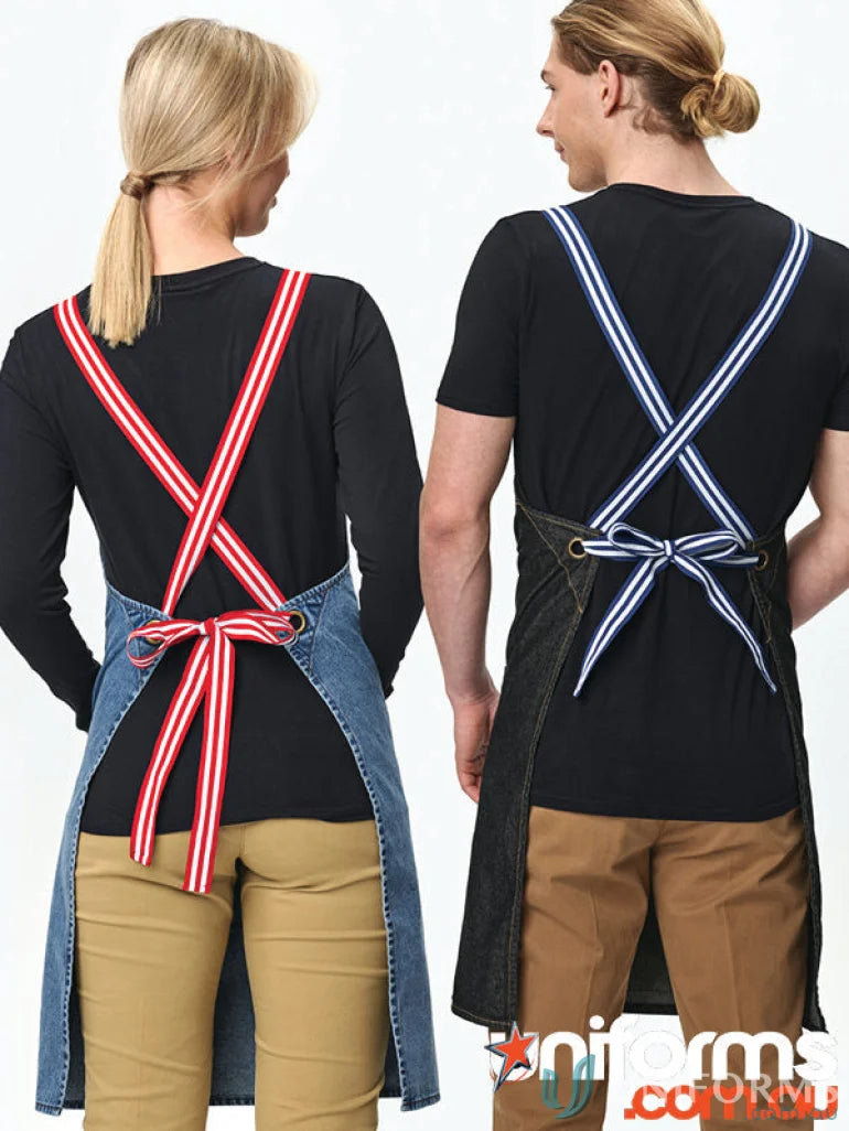 Two denim aprons with striped straps showcasing the spirit changeable two tone apron style