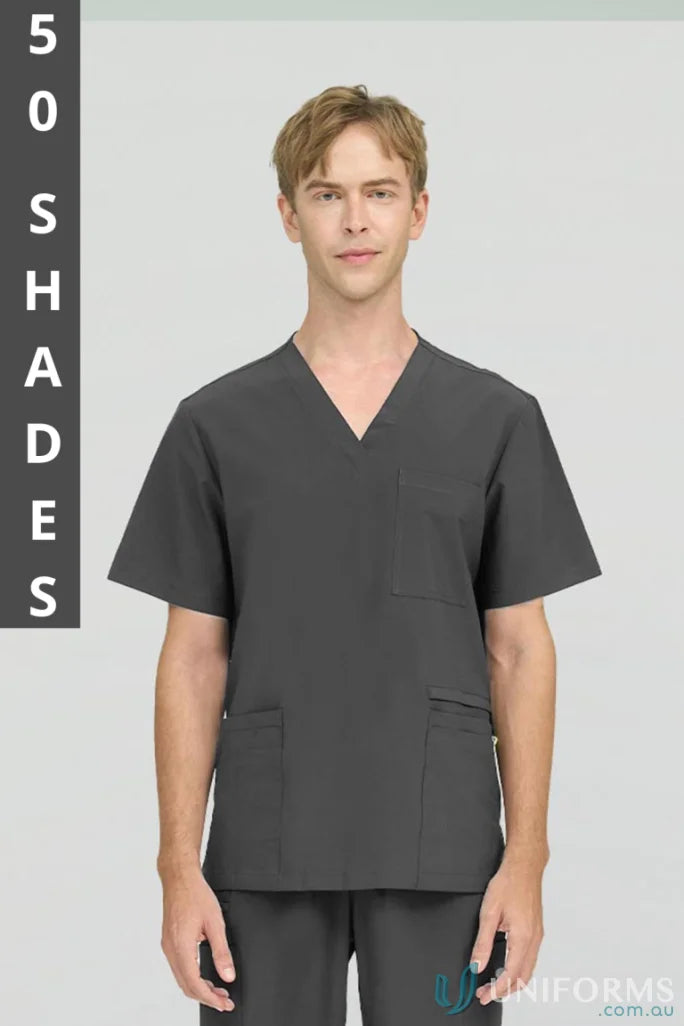 Gray medical scrub suit from City Collection Charlie with modest v-neckline for aged care facility