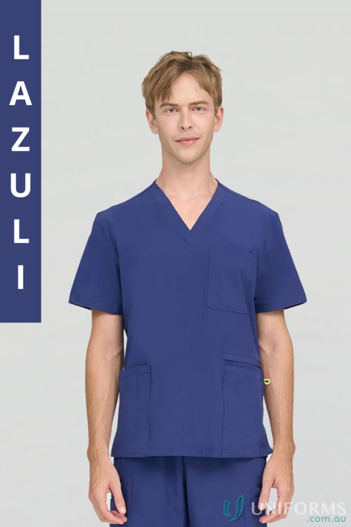 Blue medical scrub set from City Collection Charlie with modest v-neckline for aged care facility